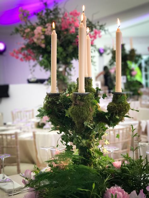 Moss Candelabra Centerpiece, Moss Chandelier Diy, Moss Covered Candle Holder, Moss Covered Candlestick, Moss Candle Holder, Mossy Chandelier, Enchanted Forest Candle Holders, Moss Covered Chandelier, Party Inspiration Theme