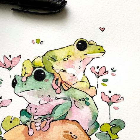 Tree Frog Watercolor, Frog Drawing Watercolor, Watercolour Frog Simple, Watercolor Frog Cute, Frog Gouache, Two Frogs Drawing, Frog Watercolor Paintings, Frog Illustration Cute, Small Paintings Ideas