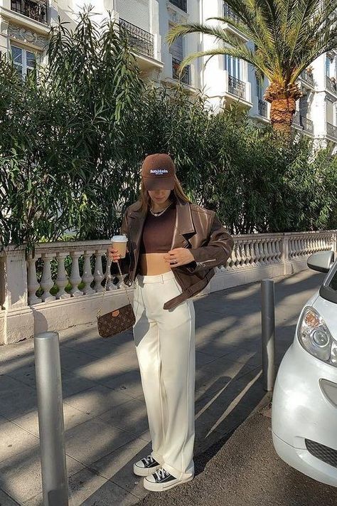 Brown Long Sleeve Crop Top Outfit, Sleeves Outfit, Outfits For College, Trousers Outfit, Shoes Aesthetic, White Dress Pants, Cap Outfit, Leather Pants Outfit, Brown Crop Top