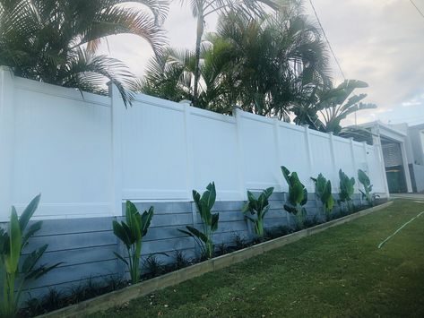 Retaining Wall With Fence On Top, Fence On Concrete, Hamptons Landscaping, Hamptons Fence, Concrete Sleeper Retaining Walls, Retaining Wall Fence, Sleeper Retaining Wall, Concrete Sleepers, Wall Fence