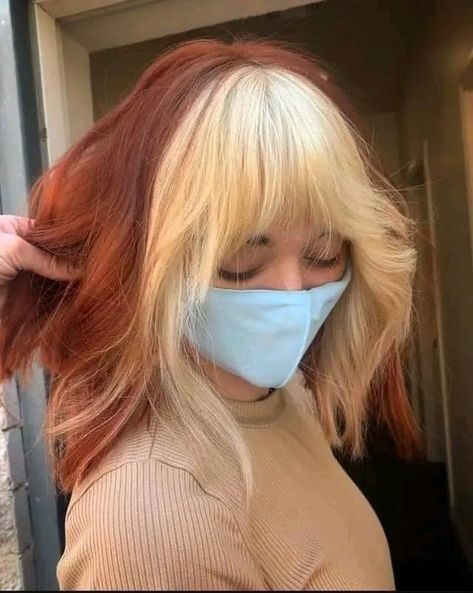 Blonde Fringe Ginger Hair, Copper Hair With White Streak, Red Hair With Blonde Underlayer, Front And Underneath Hair Dye Blonde, Short Blonde And Red Hair, Red And Blonde Hair With Bangs, Orange Hair Blonde Bangs, Copper Blonde Split Dye, Short Ginger Hair With Blonde Streak