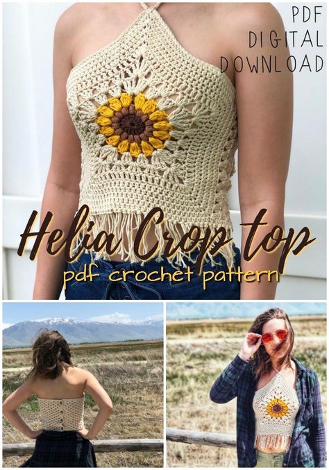 Sunflower crochet crop top bikini top crochet pattern Crochet Sunflower Top, Sunflower Crochet, Flowers To Make, Crochet Crop Top Pattern, Crochet Pillow Pattern, Crochet Clothes For Women, Crochet Sunflower, Crochet Summer Tops, Clothing Patterns Free