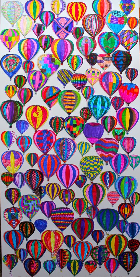 3rd grade art project. Kids decorated 3 different sizes of hot air balloon using markers. Balloons were mounted to a canvas using varying layers of foam tape to create dimension. Sticky Paper Art, Collaborative Art Projects For Kids, Art Auction Projects, Group Art Projects, Class Art Projects, Collaborative Art Projects, School Auction, Auction Projects, 3rd Grade Art