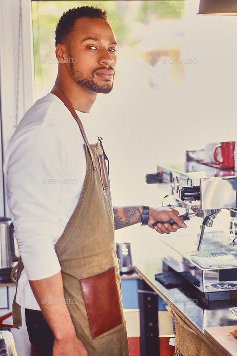 Portrait of Black barista male. by fxquadro. Portrait of Black barista male.. Man pouring coffee in a restaurant. #Sponsored #barista, #male, #Portrait, #Black Barista Character Design, Barista Fits, Male Barista, Pouring Coffee, Vector Symbols, Lifestyle Shoot, Male Man, Black Man, Male Portrait