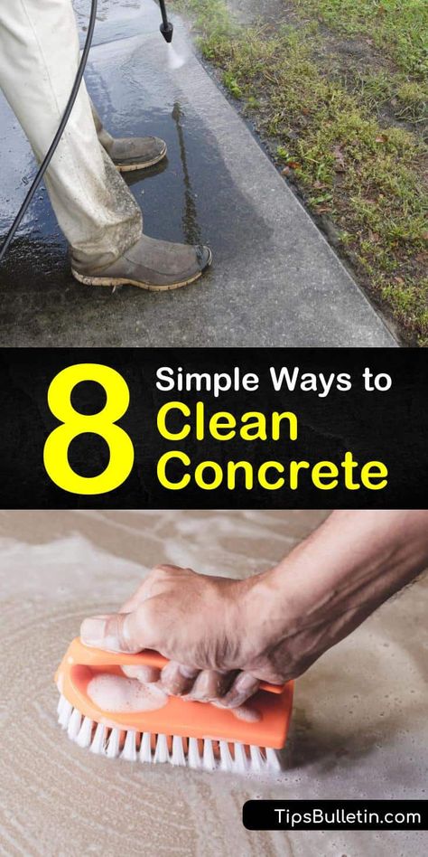 Learn how to maintain concrete floors with sealer and regular cleaning. Remove everyday grime and rust stains off of concrete by using a bleach cleaning solution and a stiff bristle scrub brush or power washer. #howtocleanconcrete #cleaningconcrete #cleanconcrete Power Washer Solution Diy, Bleach Cleaning, Cleaning Concrete Floors, Garage Cleaning, Patio Paint, Farmhouse Reno, Garden Concrete, Concrete Cleaner, Driveway Sealer