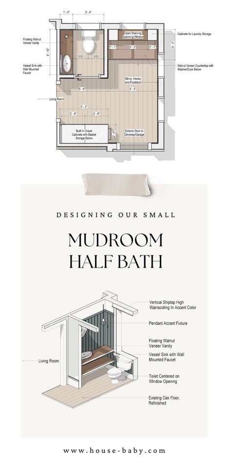 Transformation of our sunroom into a mudroom with a half bath and laundry area. Check out our small mudroom with laundry nook. Create your own DIY laundry room using Ikea Sektion built-in closets and cabinets. We added shelves in front of the window for extra storage. Explore our DIY walnut veneer floating shelves and a stylish walnut veneer laundry countertop. Half Bath Mudroom Combo, Bathroom Ideas With Laundry, Laundry And Half Bath Combo, Mudroom Bathroom Combo Layout, Bathroom And Laundry Room Combo Layout, Bath Renovation Ideas, Mudroom With Laundry, Half Bath Laundry Room Combo, Coastal Mudroom