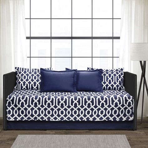 AmazonSmile: Lush Decor Edward Trellis Patterned 6 Piece Daybed Cover Set Includes Bed Skirt, Pillow Shams and Cases, 75" X 39" Navy and White: Home & Kitchen Daybed Sets, Daybed Cover Sets, Modern Trellis, Pillow Case Bed, Daybed Covers, Traditional Bedroom Decor, Lush Decor, Spruce Up Your Home, Trellis Design