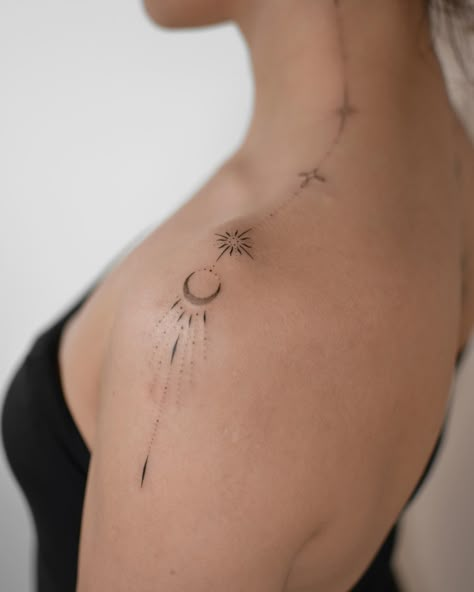 Delicate ornamental chain of sun, moon and star ✨ Booking is open for March/April, DM. #tattoocrakow #tattookrakow #krakowtattoo #cracowtattoo #polandtattoos #tattoopoland #finelinetattoo Sun Moon Stars Tattoo, Girly Hand Tattoos, Delicate Tattoos For Women, Tattoo Star, Small Shoulder Tattoos, Moon Tattoos, Writing Tattoos, Ornamental Tattoo, Delicate Tattoo