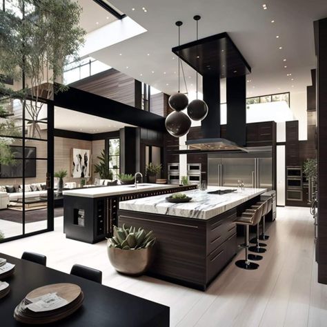 Big Luxurious Kitchen, Huge Island With Seating, Massive Kitchen Island, Modern Kitchen Design Luxury Big, Big Kitchen Ideas Modern, Big Kitchen Ideas Luxury, Huge Kitchen Luxury, Big Modern Kitchen, Black And White Interior Design