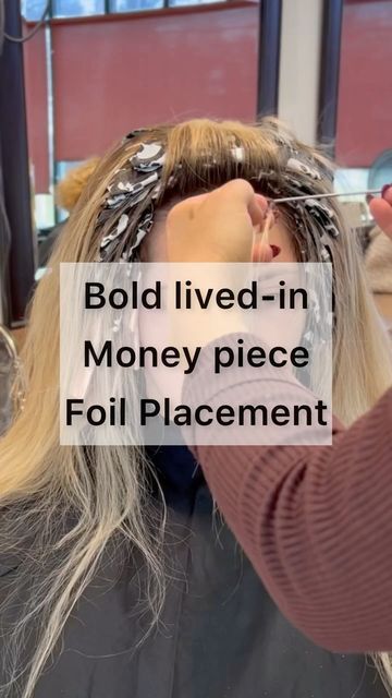 Foil Placement For Money Piece, At Home Money Piece Hair, Golden Blonde Hair With Money Piece, Money Piece Foil Placement, Money Piece And Highlights, Side Part Money Piece Hair, Diy Money Piece Hair, Black Hair Blonde Money Piece, Money Piece Placement