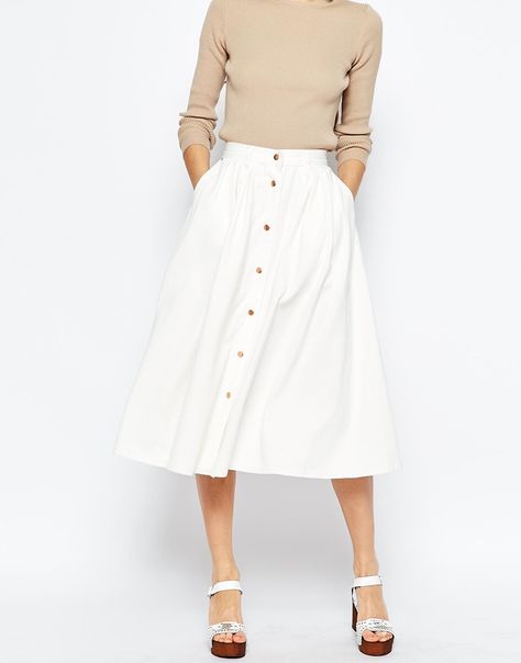 Street Skirt, Button Midi Skirt, White Skirt, Skirt Outfit, Jeans Rock, Casual Skirt, Style Chic, White Skirts, Mode Outfits