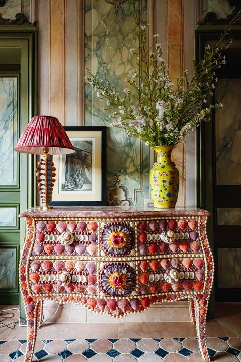 Laura Gonzalez’s French Manor Is a Joyful Mix of History, Art and Craftsmanship | AD Middle East Tropical Maximalism, Craftsmanship Aesthetic, Tropical Cottage, Green Bedside Table, Big Kitchen Design, Colourful Furniture, Black Marble Floor, Laura Gonzalez, French Manor