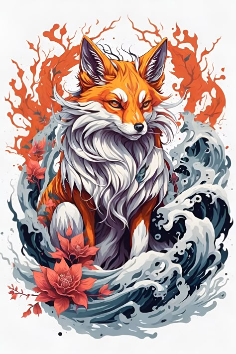 kitsune tattoo design, kitsune, neo traditional tattoo style, 2D, planar vector, character design, T-shirt design, colorful splashes japanes.. Tattoo Fox Design, Kitsune Fox Art, Kitsune Tattoo Design, Fox Icon, 9 Tailed Fox, Jumping Fox, Digital Art Software, Japanese Fox, Fox Artwork