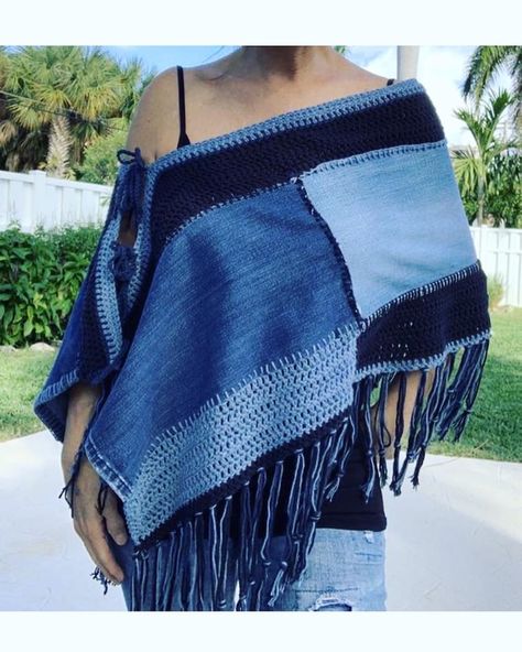 Boho Crochet Patterns, Womens Boho Tops, Denim Top Women, Upcycled Denim Jacket, Bohemian Scarves, Boho Poncho, Crochet Boho Top, Upcycle Clothes Diy, Boho Scarfs