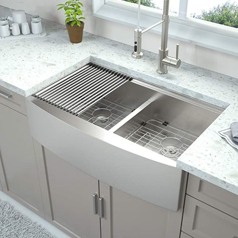 Farmers Sink Kitchen, Kitchen Sink Ideas Stainless Steel, Farmer Kitchen, Farm Kitchen Sink, Double Farmhouse Sink, Organization Ideas Kitchen, Cabinet Organization Ideas, Aluminum Kitchen Cabinets, Double Basin Kitchen Sink