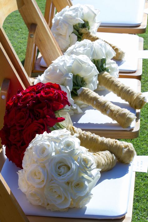 White and red rose bridal bouquets with gold ribbon. #wedding #bouquet #bridal party #redandwhite #gold Wedding Photo Wall Art, Wedding Bouquets Red, Red Rose Bridal Bouquet, Candles Reception, Order Of Wedding Ceremony, Wedding Dresses Vintage Princess, Wedding Photo Walls, Wedding Ceremony Chairs, Wedding Reception Layout