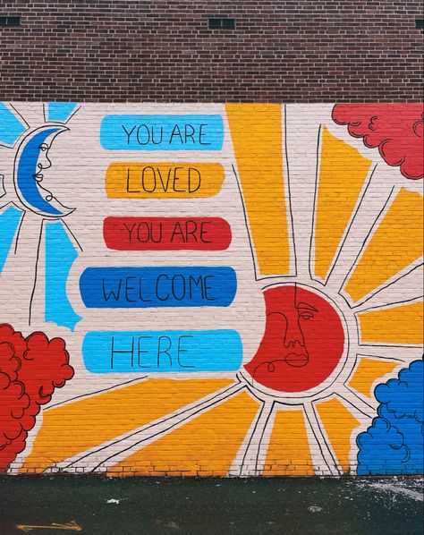 School Office Murals, Pride Mural Ideas, School Bathroom Murals, Inspirational Wall Murals For Schools, Diversity Mural Art Projects, Affirmation Wall Mural, Decoration For Classroom Wall, Mural Art For School, Calming Mural Ideas