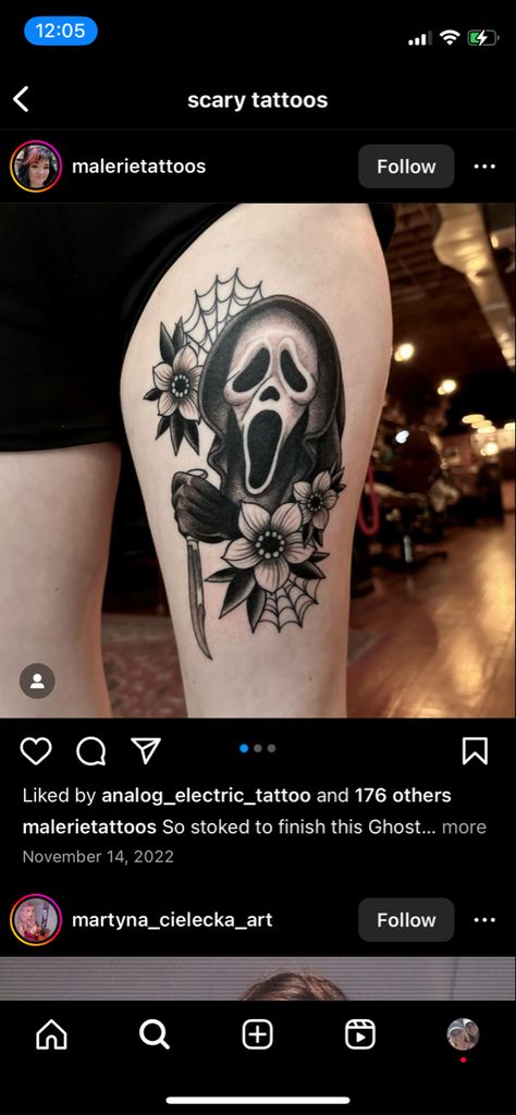 Ghostface Tattoo, Horror Sleeve, Tattoo With Flowers, Sleeve Ideas, Sleeves Ideas, Flower Tattoos, Tattoos, Floral, Flowers