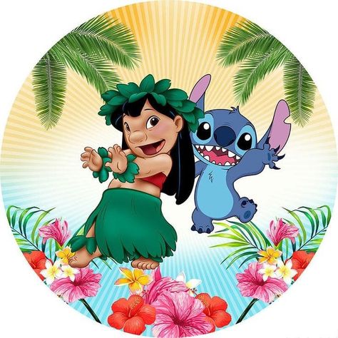 Photo Decorations, Round Background, Diy Cake Topper Birthday, Stitch Cake, Stitch Party, Banner Diy, Hawaiian Birthday Party, ليلو وستيتش, Happy Birthday Backdrop