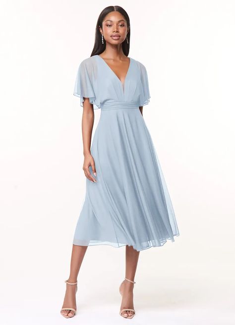 Dusk Tinsley Try-on Dress Sample Dress Bridesmaid Dresses | Azazie Blue Modest Bridesmaid Dresses, Dusty Blue Dresses, Sky Blue Bridesmaid Dresses, Neutral Dresses, Tea Length Bridesmaid Dresses, Bridesmaid Dresses Azazie, Dusty Blue Bridesmaid Dresses, Blue Bridesmaid Dress, Pink Bride