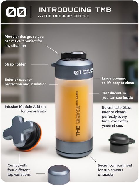 TMB | The Modular Bottle by Ebite Inc. — Kickstarter Tea Infusion, Luxury Packaging Design, Creative Fashion Photography, Glass Interior, Morning Run, Chocolate Mugs, Interior Clean, Tea Glasses, Secret Compartment