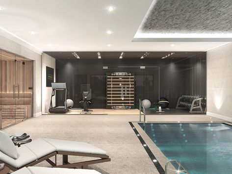 Private Gym Luxury, Indoor Pool With Gym, Spa Gym At Home, Home Pool Indoor, Home Spa And Gym, Basement Pool Ideas, Home Gym With Pool, Dream Home Gym Luxury Fitness Rooms, Indoor Pool And Gym