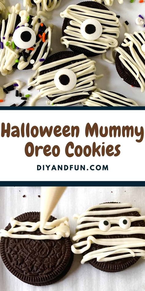 How to make Mummy Oreo Cookies, a simple and fun way to dress up a favorite cookie. Sugar free alternative included. Oreo Halloween Cookies, Halloween Oreo Cookies, Oreo Ghost Cookies, Mummy Oreo Balls, Oreo Mummy Cookies, Oreo Cookie Mummies, Halloween Oreo Mummies, Halloween Brownie Mummies, Monster Cookies Recipe Halloween