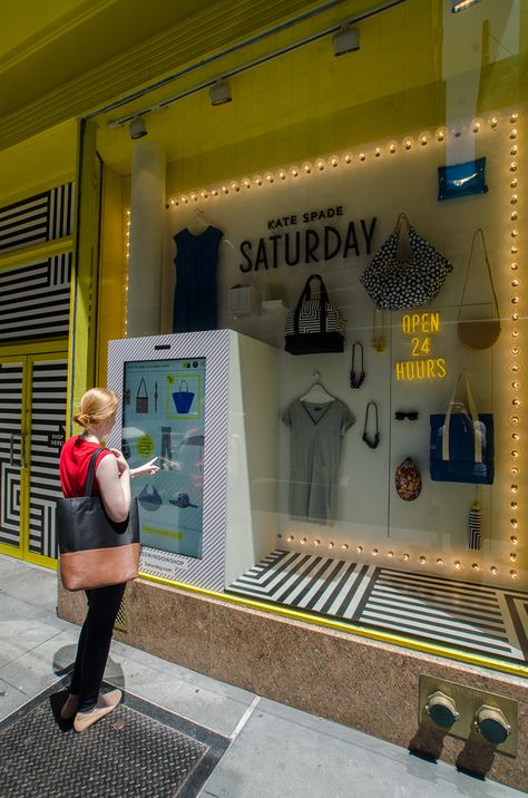 One of four walk-up shoppable interactive windows in formerly vacant retail stores by Kate Spade #Retal Interactive Retail, Digital Retail, Retail Technology, Diy Tv Stand, Retail Inspiration, Retail Windows, Store Windows, Store Window, Retail Experience