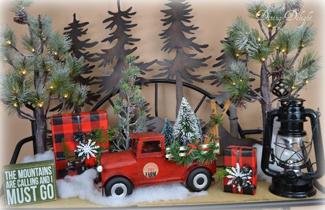 What is it about the red truck with the Christmas tree in the back that you see all over these days? If you haven't noticed its presence ... Red Truck Decor, Red Truck Christmas, Plaid Christmas Decor, Christmas Red Truck, Country Christmas Decorations, Christmas Truck, Christmas Mantels, Christmas Decorations Rustic, Farmhouse Christmas Decor