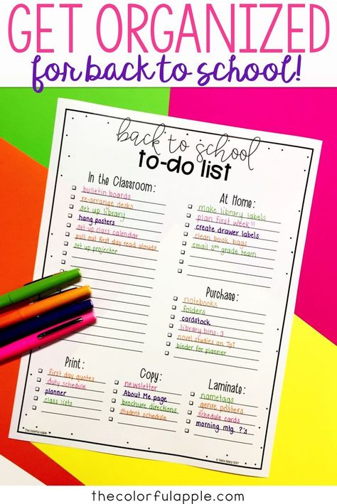 A FREE back to school to-do list for teachers!  This checklist template will get you organized as you get ready for the first day of school. Teacher To Do List, Teacher Checklist, Planning School, School Highschool, Back To School Checklist, School Checklist, Back To School Organization, School Supplies Organization, Back To School Hacks