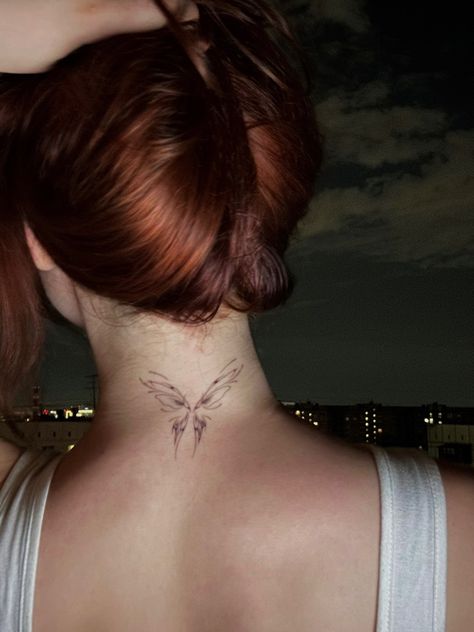 #tattoo #butterfly #tattooideas #tattooart #butterflytattoo #meaning #ideas #pins #instagram #daily #fashion #style #back #neck #pain #city #night Butterfly Behind Neck, Hidden Neck Tattoo, Aesthetic Neck Tattoo, Butterfly Tattoo Back Of Neck, Neck Butterfly Tattoo, Back Tattoo Wings, Tattoo Ideas Female Neck, Butterfly Tattoo Neck, Butterfly Wing Tattoo