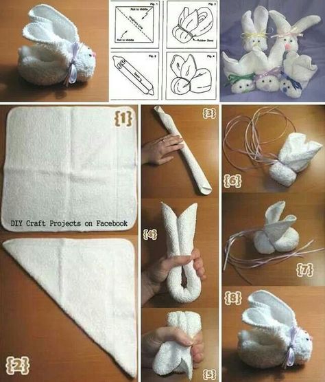 Bunny washcloths Towel Bunny, Washcloth Animals, Towel Origami, Bunny Tutorial, Washcloth Crafts, Diy Diaper Cake, Towel Cakes, Towel Animals, Nappy Cakes