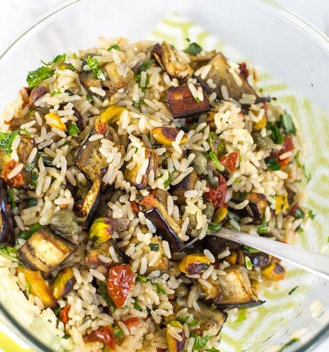 [Brown Rice Salad With Roasted Eggplant and Pistachios](http://www.amuse-your-bouche.com/warm-brown-rice-salad/) from [Amuse Your Bouche](http://www.amuse-your-bouche.com/) Eggplant Recipes Healthy, Roasted Aubergine, Brown Rice Salad, Recovery Food, Brown Rice Recipes, Roasted Eggplant, Vegetarian Lunch, Rice Salad, Eggplant Recipes