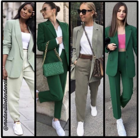 Conjunto de Calça/ Blazer , Verde claro , Verde-escuro ou Acinzentado, usado com Tênis. Looks elegantes e descontraídos! Outfits Con Blazer Verde, Blazer Verde Outfits Mujer, Look Blazer Verde, Green Joggers Outfit, Green Blazer Outfit, Blazer Verde, Ny Outfits, Outfits Con Jeans, Iranian Women Fashion