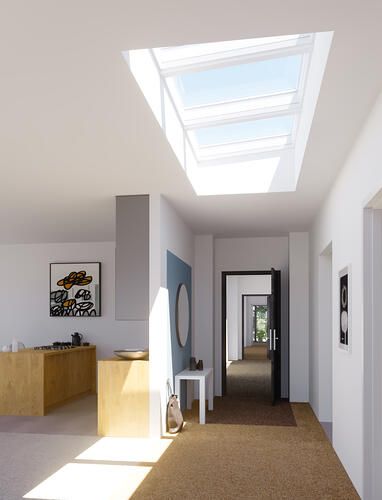 Velux Skylights Kitchen, Skylights Ideas Ceilings, Skylights Ideas, Flat Roof Skylights, Flat Ceiling, Interior Window Trim, Roof Skylight, Skylight Kitchen, Velux Skylights