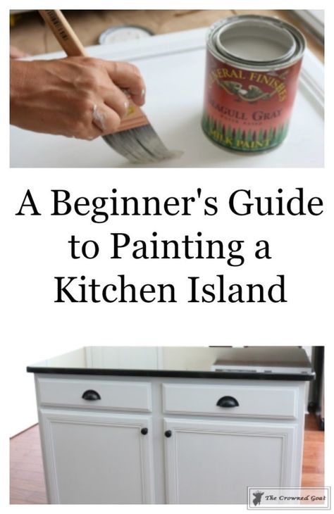 A Beginners Guide to Painting a Kitchen Island - The Crowned Goat Painting My Kitchen Island, How To Paint A Kitchen Island, Repainting Kitchen Island, Painting A Kitchen Island, How To Paint Kitchen Island, Painting Island In Kitchen, Painting Kitchen Island, Painted Island Kitchen, Kitchen Island Paint Colors