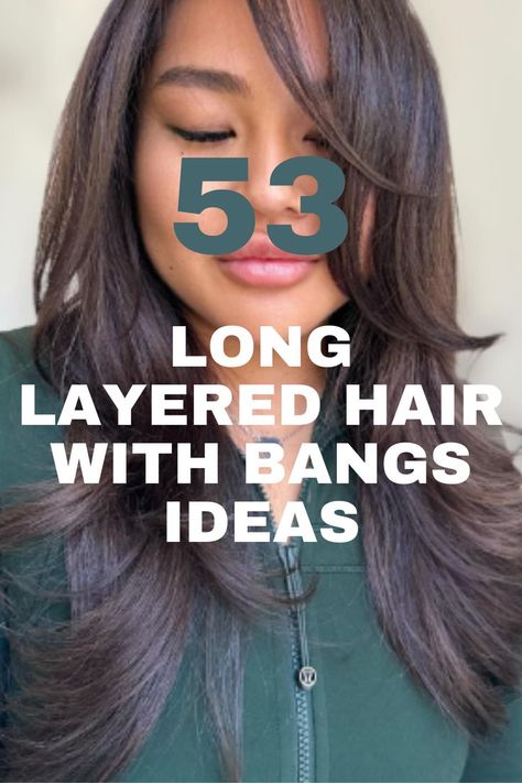 A long, layered hairstyle in dark brown with curtain bangs, offering a chic and sophisticated appearance. Side Swept Bangs Long Hair, Long Layers With Curtain Bangs, Long Layered Hair With Side Bangs, Layers With Curtain Bangs, Long Layered Hair With Bangs, Bangs Ideas, Layered Hair With Bangs, Face Framing Bangs, Big Curls