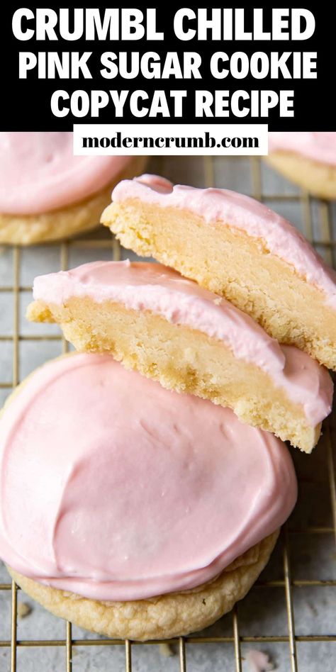 It's everyones favorite Crumbl cookie -- the classic pink chilled sugar cookie! A crumbly cookie topped with sweet almond icing. This crumbl copycat recipe is pure perfection, you can skip the trip to the store and make your batch any time you want. Snack Idea Recipes, Crumbl Cookie Copycat Nilla Bean, Gf Crumbl Cookies, Copy Cake Crumble Cookie, Crumble Pink Sugar Cookie Recipe, Half Baked Cookie Recipe, Crumbl Cookie Pink Sugar Cookie, Copy Cat Pink Sugar Cookie, Yummy Sugar Cookie Recipe