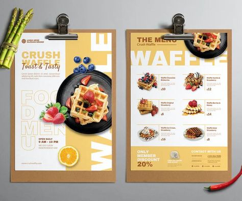 Waffle Restaurant Menu Template PSD, AI, EPS Waffle Menu Board, Waffles Menu Design, Waffle Menu Design Ideas, Breakfast Menu Design Ideas, Menu Food Design Ideas, Breakfast Menu Ideas Restaurant, Menu Design Ideas Cafe, Waffle Menu Design, Waffle Branding