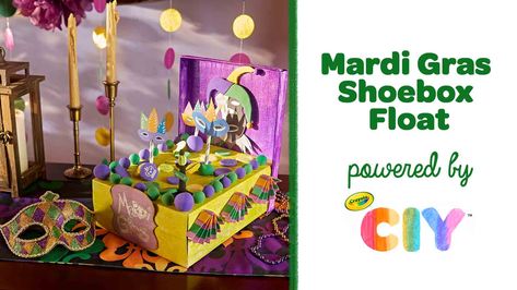 Mardi Gras Shoebox Float| Crafts | Crayola.com | Crayola CIY, DIY Crafts for Kids and Adults | crayola.com Shoebox Mardi Gras Float, Shoebox Float, Magic Decorations, Mardi Gras Float, Madi Gras, Mardi Gras Crafts, Mardi Gra, Crayola Markers, Kid Craft