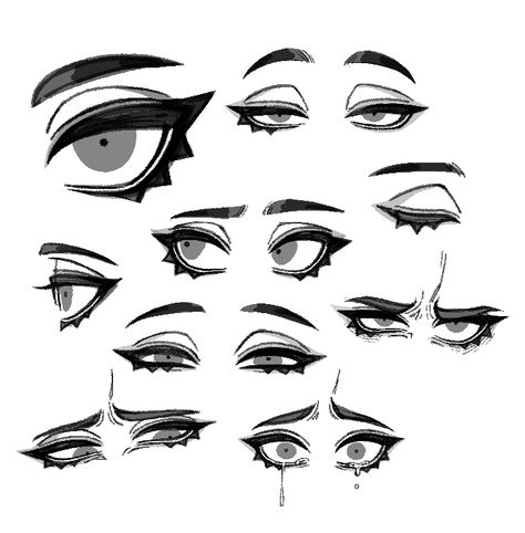 Cartoon Eyes Styles, How To Draw Demon Eyes, Seductive Anime Eyes Reference, Eyeliner Drawings On Face, Pupil Shapes Drawing, Villain Hairstyles Drawing, 4 Eyes Character Design, Eye Drawing Reference Cartoon, Squinting Eyes Drawing Reference