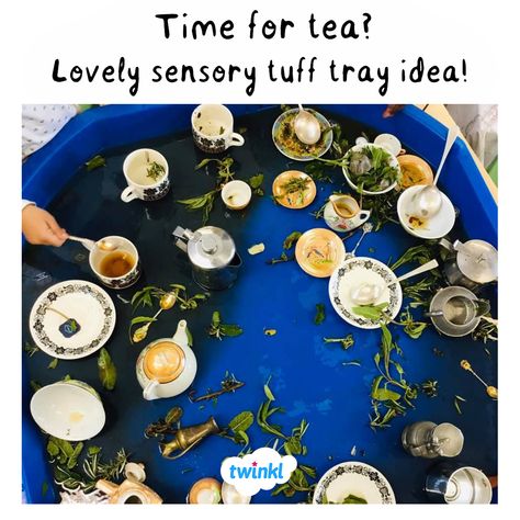 A tea party is always a popular sensory activity! Perfect for an outdoors activity on a sunny day. Download your Tea Party Role Play Pack to create your own - click to download and discover thousands of teaching resources!   #teaparty #tea #afternoontea #teachingideas #teachingresources #twinkl #twinklresources #tufftray #tuffspot #smallworld #eyfs #eyfsideas #earlyyears #earlyyearsideas #teaching #teacher #education #outdoorlearning #homeeducationuk #homeschool Tea Activities For Kids, Senses Eyfs, Toddler Tea Party, Rhyme Activities, Childcare Ideas, Science Area, Senses Preschool, Nursery Rhymes Activities, Home Education Uk