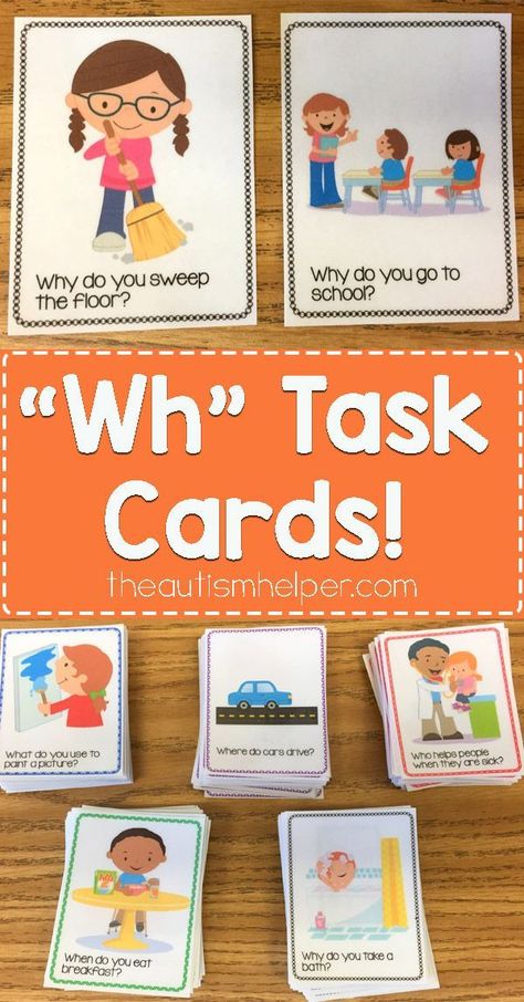 If you have students working on "wh" questions, try our task cards! The set includes “what”, “where”, “who”, “when”, & “why” cards with 45 question cards in each! From theautismhelper.com #theautismhelper Slp Nonverbal Activities, Aba Therapy Ideas, Wh Questions Speech Therapy, Aba Activities, Aba Therapy Activities, Who Questions, Why Questions, School Speech Therapy, Language Therapy Activities