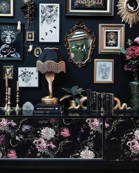 Gothic Multi-Shop Marketplace on Instagram: “Interior goals 🖤😍 Who else would love this to be their space? 💜 📷 84_square . . . #gothic #gothicfashion #gothicart #gothicgirl…” Collector Home Decor, Gothic Wallpaper Wall, Goth Hallway Decor, Gothic Wall Collage, Goth Victorian Aesthetic House, Goth Collage Wall, Gothic Collage Wall, Gothic Victorian Maximalism, Gothic Maximalism Bedroom