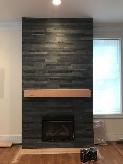 Dark Slate Fireplace, Black Stack Stone Fireplace, Black Slate Fireplace Wall, Black Slate Tile Fireplace, Moody Exterior House, Stacked Tile Fireplace, Black Stone Veneer Fireplace, Black Rock Fireplace, Black Modern Fireplace Shiplap