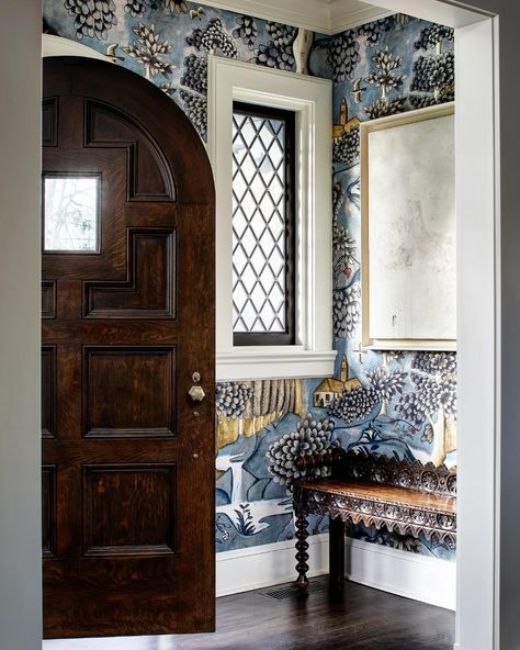 Stacy Goldberg (@stacyzaringoldberg) • Instagram photos and videos Vestibule Wallpaper, English Tudor Homes Interior, Burled Wood Table, English Tudor Homes, Stained Doors, English Tudor, With Wallpaper, Front Rooms, Architecture Home