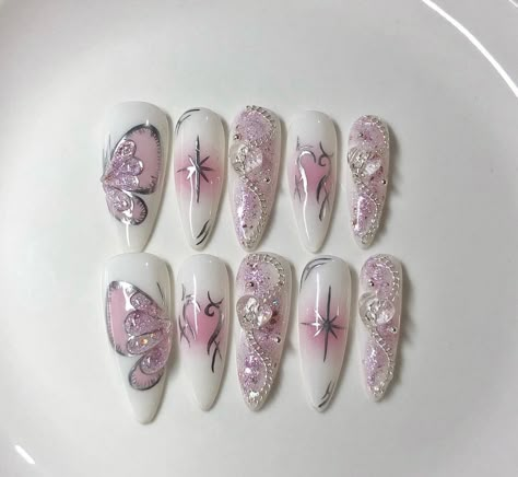 Chinese Nails Designs, Chinese Nails, Nail Template, Korean Nail Art, Asian Nails, Punk Nails, Korean Nails, Gel Nails Diy, Grunge Nails