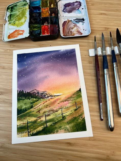 Watercolor video of how to paint a starry sky by dusk evening night sky with beautiful blend of colors and splash of stars! Baby Card Watercolor, Dusk Watercolor, Sunset Sky Painting, Watercolor Starry Night, Celestial Painting, Night Sky Watercolor, Sky Watercolor, Dusk Sky, Night Sunset