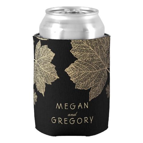 Gold Fall Leaves Black Rustic Wedding Can Cooler Burgundy Rustic Wedding, Navy Rustic Wedding, Lilac Wedding Bouquet, Burgundy Wedding Cake, Rustic Chalkboard, Wedding Koozies, Wedding Cake Rustic, Leaves Fall, Gold Leaves