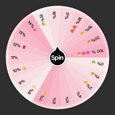 Spin the wheel to randomly choose from these options: 0% 😭, 1%😩, 2%😔, 4%, 5%, 6%, 7%☹️, 8%👎🏻, 9%, 10% 🙂, 11%, 12% 🌹, 13%, 14%💗, 15%😝, 16%, 17%, 18% ❤️❤️, 19% 😊, 20%😍, 100 % 🩷🩷🤩! Sleepover Spin The Wheel, Things To Call Your Crush, Crush Games On Paper, How To Ask Ur Crush Out, What To Do When U Have A Crush, How To Text Your Crush First, How Do You Tell Your Crush You Like Him, How To Hint To Your Crush You Like Him, How To Know If My Crush Likes Me